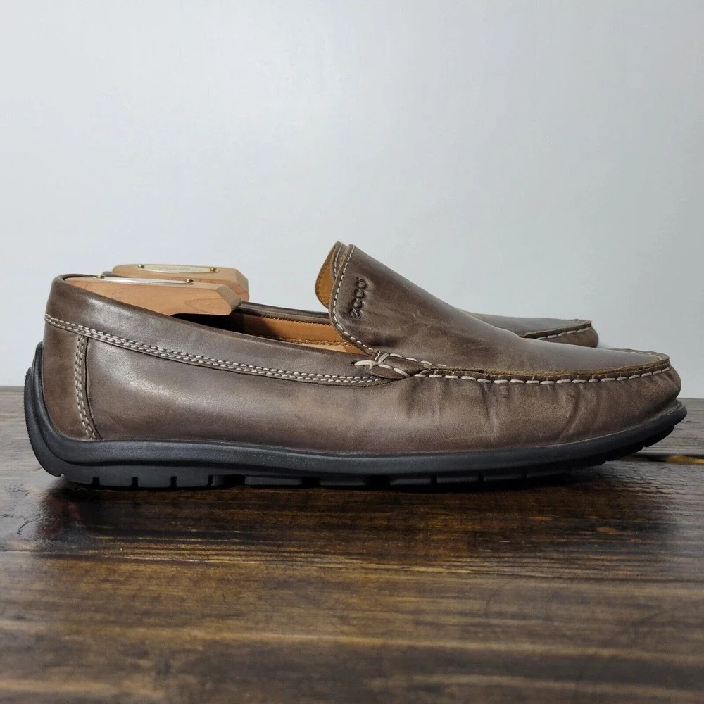Ecco Men's‎ Driver Loafer Shoes Brown Leather LATEX Slip On Size EU42 / US 8-8.5